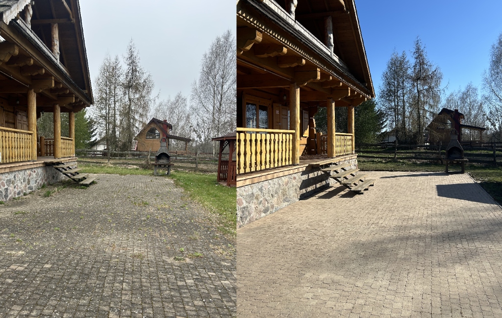 Gruntowne mycie kostki pod domkiem z bali